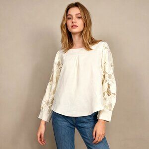 $475 NWOT See By Chloé Embroidery Floral cream Top Blouse Long Sleeve Size 40
